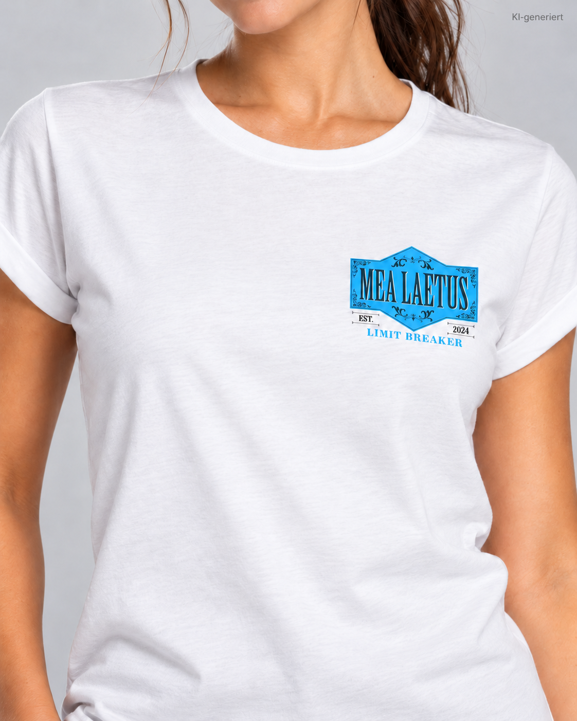 Nahaufnahme des blauen MEA LAETUS Limitbreaker Brustemblems auf dem weißen Damen-T-Shirt