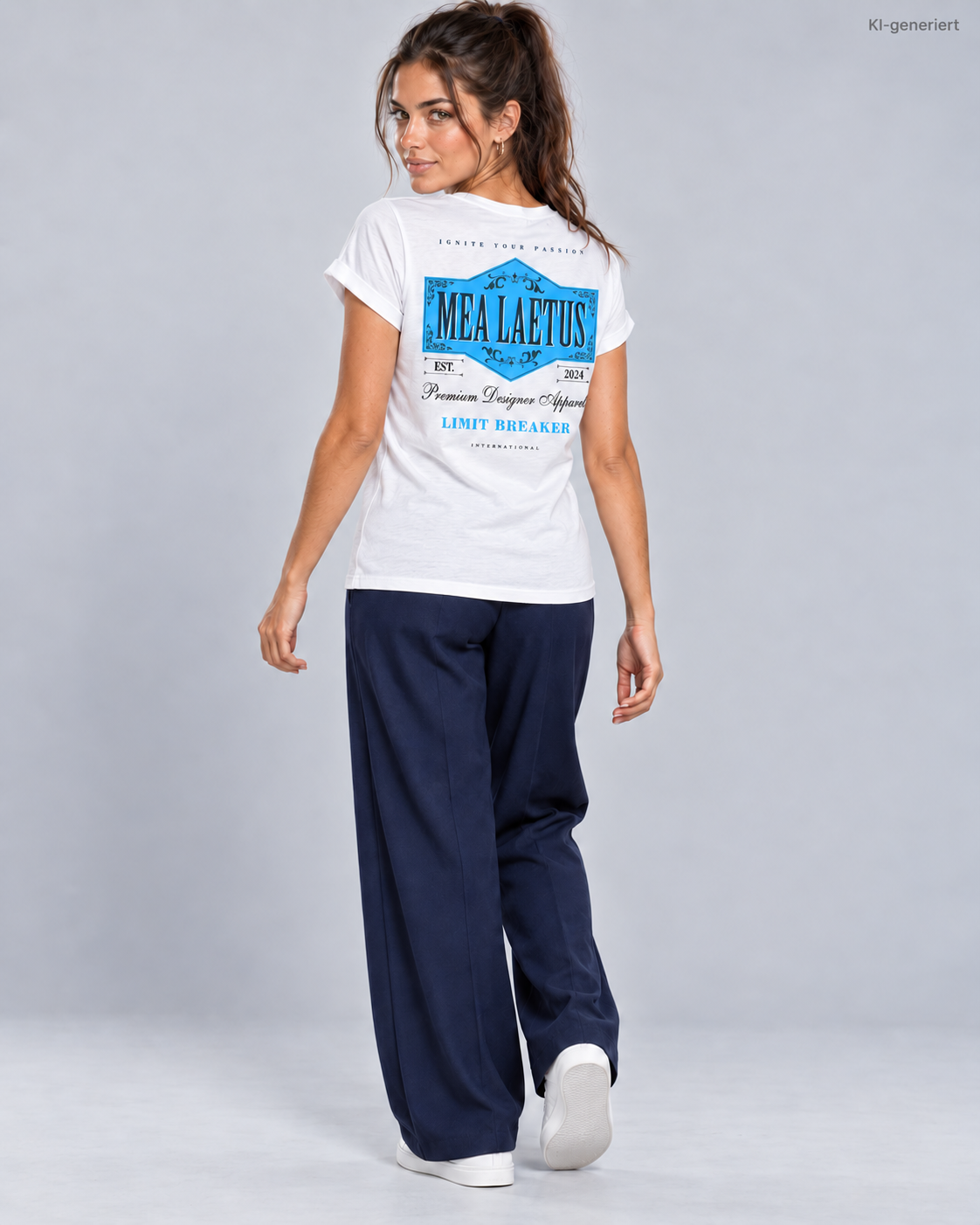 Rückenansicht des weißen MEA LAETUS Limitbreaker Damen-T-Shirts mit großem blauem Emblem im Studio