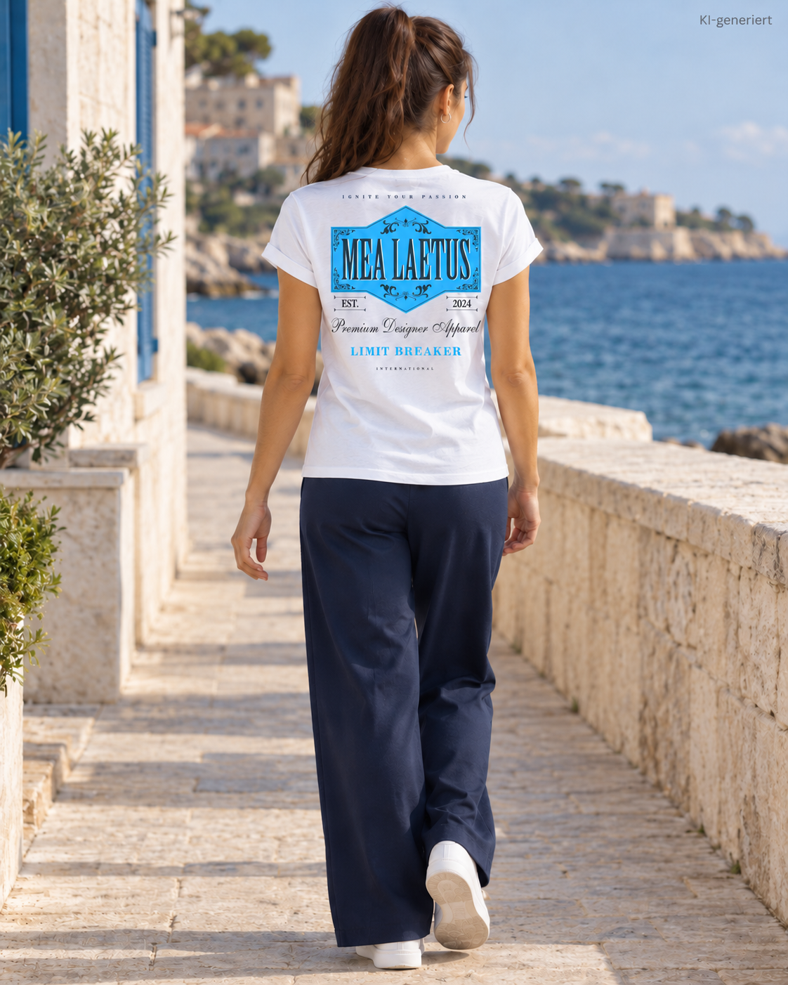 Rückenansicht des weißen MEA LAETUS Limitbreaker Damen-T-Shirts mit blauem Rückenprint an der Küste