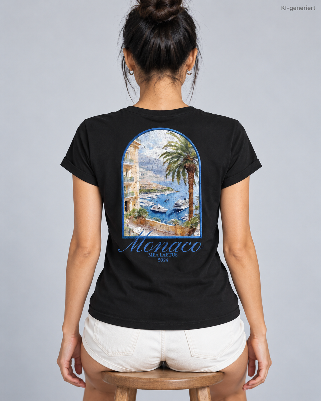 MEA LAETUS Monaco Damen T-Shirt in Schwarz – Nähere Studio-Rückansicht des Monaco-Prints mit MEA LAETUS 2024