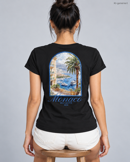 MEA LAETUS Monaco Damen T-Shirt in Schwarz – Nähere Studio-Rückansicht des Monaco-Prints mit MEA LAETUS 2024