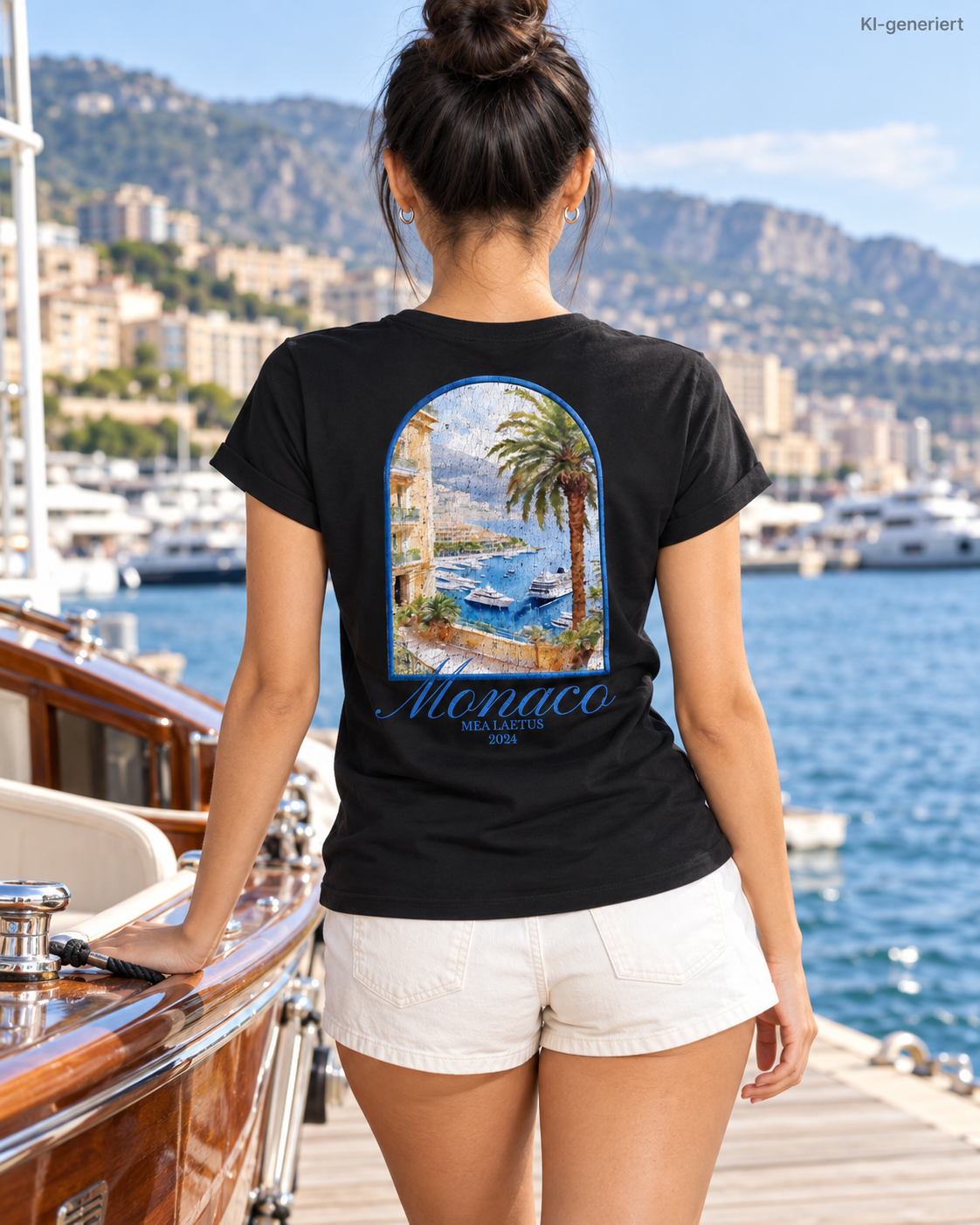 MEA LAETUS Monaco Damen T-Shirt in Schwarz – Rückansicht neben einem Holzboot mit großem Monaco-Motiv