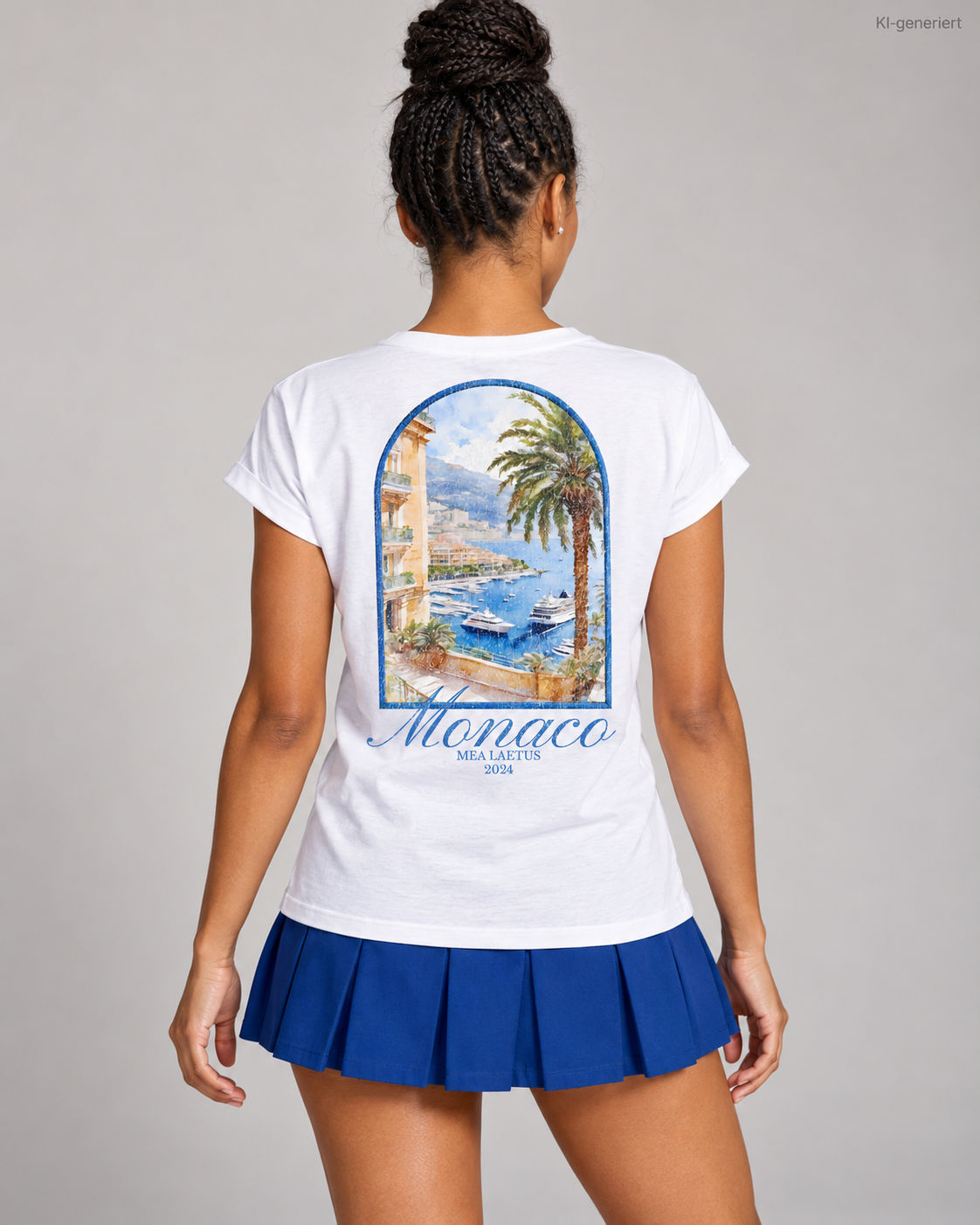 MEA LAETUS Monaco Damen T-Shirt in Weiß – Detailreiche Studio-Rückansicht des Monaco-Prints mit MEA LAETUS 2024