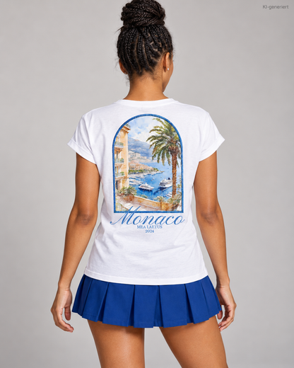 MEA LAETUS Monaco Damen T-Shirt in Weiß – Detailreiche Studio-Rückansicht des Monaco-Prints mit MEA LAETUS 2024