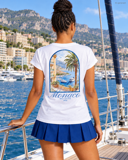 MEA LAETUS Monaco Damen T-Shirt in Weiß – Rückansicht auf einem Segelboot mit großem Monaco-Hafenmotiv